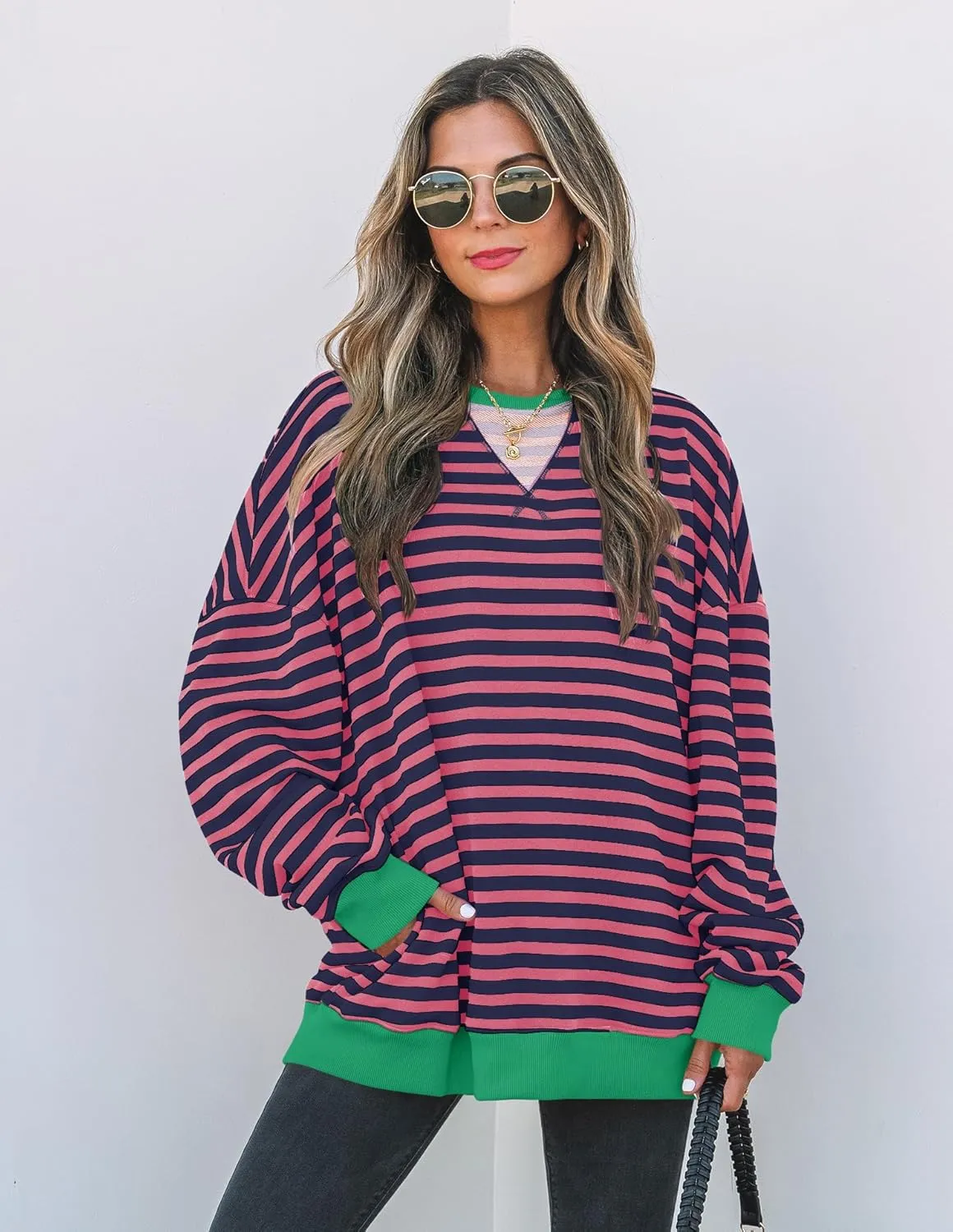 ZESICA Womens Casual Striped Pullover Tops Long Sleeve Shirts Crewneck Oversized Sweatshirts Spring Clothes