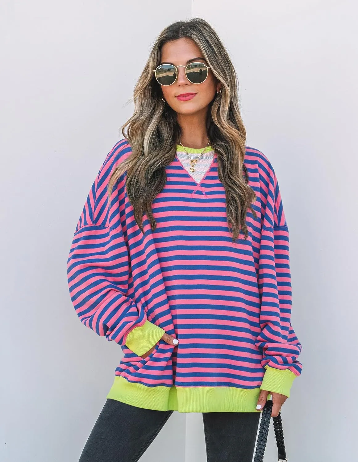 ZESICA Womens Casual Striped Pullover Tops Long Sleeve Shirts Crewneck Oversized Sweatshirts Spring Clothes