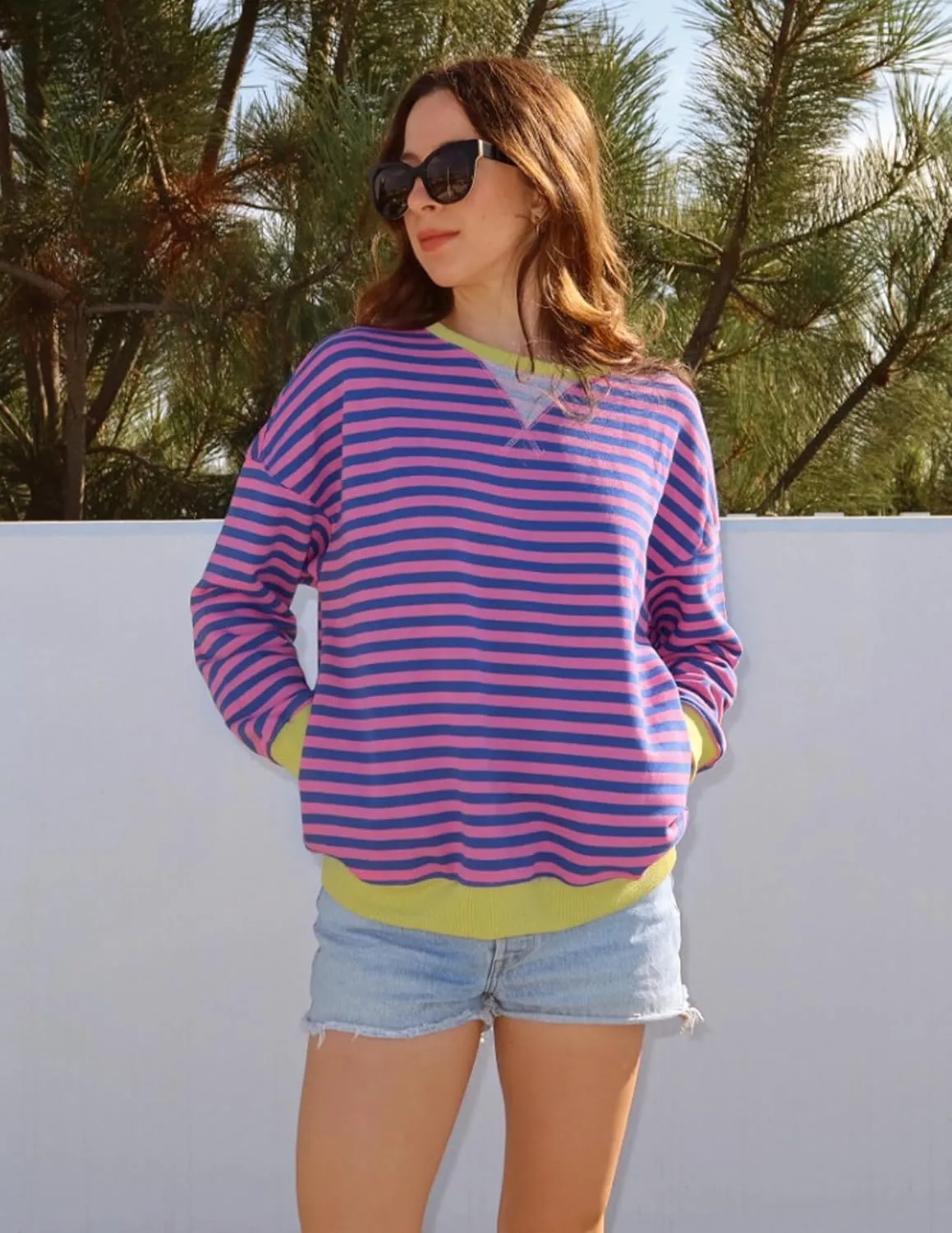 ZESICA Womens Casual Striped Pullover Tops Long Sleeve Shirts Crewneck Oversized Sweatshirts Spring Clothes