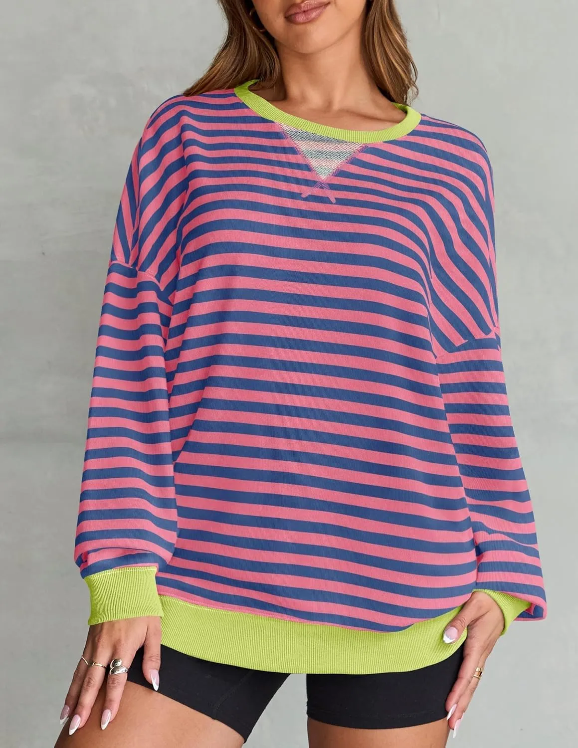 ZESICA Womens Casual Striped Pullover Tops Long Sleeve Shirts Crewneck Oversized Sweatshirts Spring Clothes