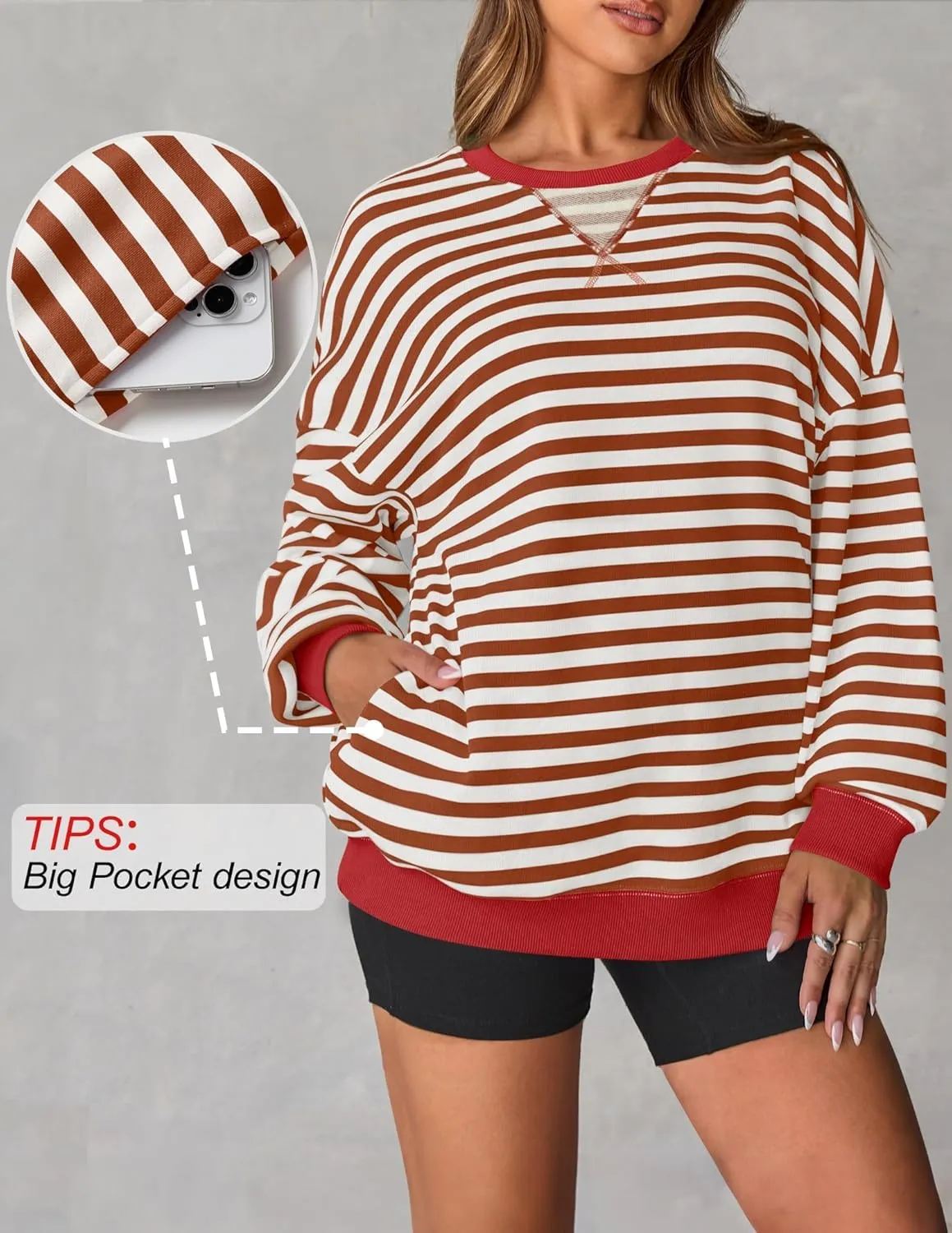 ZESICA Womens Casual Striped Pullover Tops Long Sleeve Shirts Crewneck Oversized Sweatshirts Spring Clothes