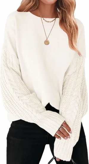 ZESICA Women's Fall Long Sleeve Crew Neck Solid Color Cable Knit Chunky Casual Oversized Pullover Sweater Tops