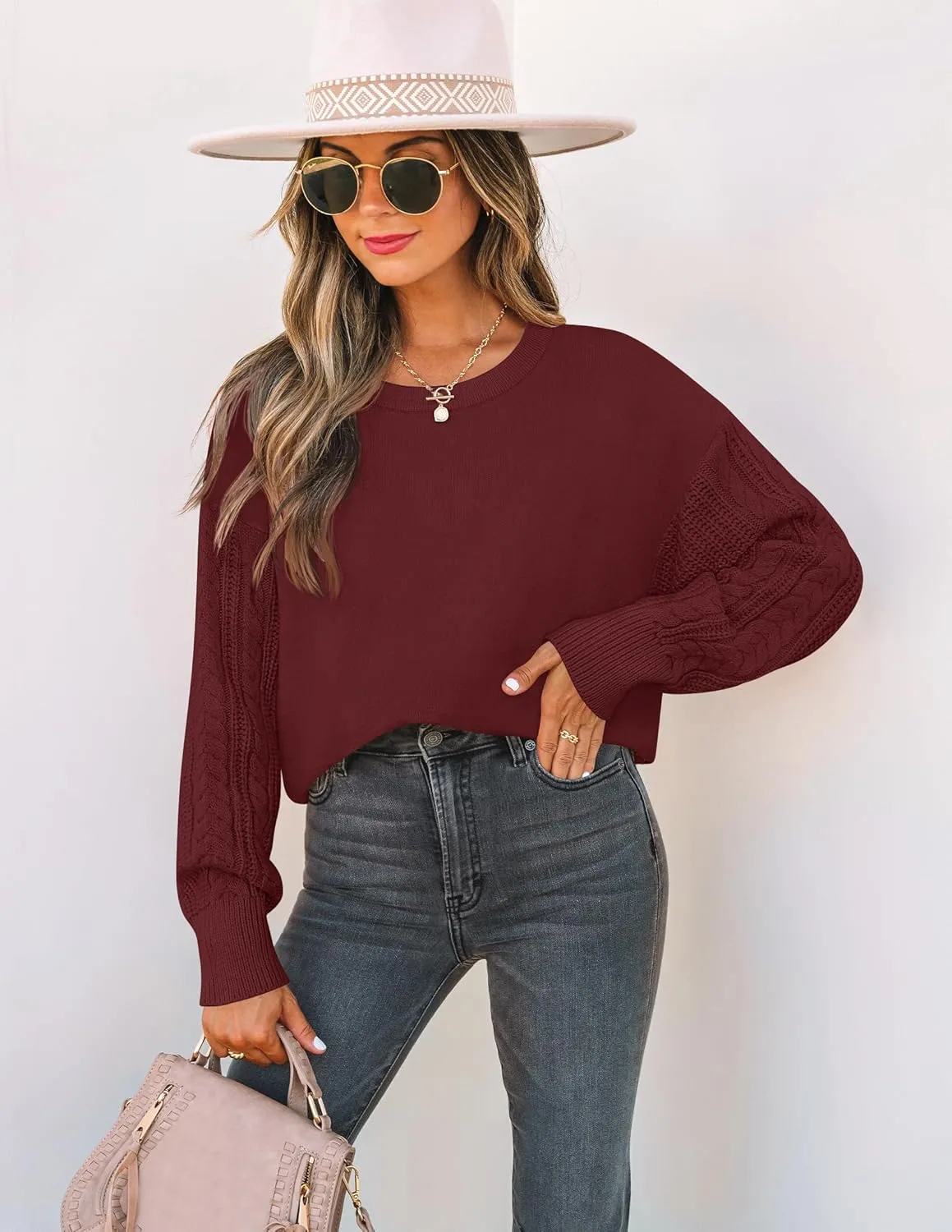 ZESICA Women's Fall Long Sleeve Crew Neck Solid Color Cable Knit Chunky Casual Oversized Pullover Sweater Tops