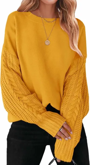ZESICA Women's Fall Long Sleeve Crew Neck Solid Color Cable Knit Chunky Casual Oversized Pullover Sweater Tops