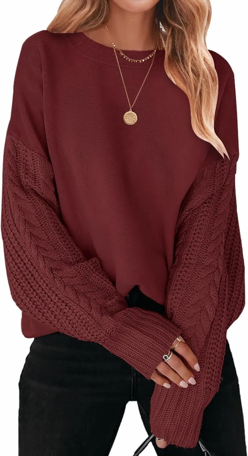 ZESICA Women's Fall Long Sleeve Crew Neck Solid Color Cable Knit Chunky Casual Oversized Pullover Sweater Tops