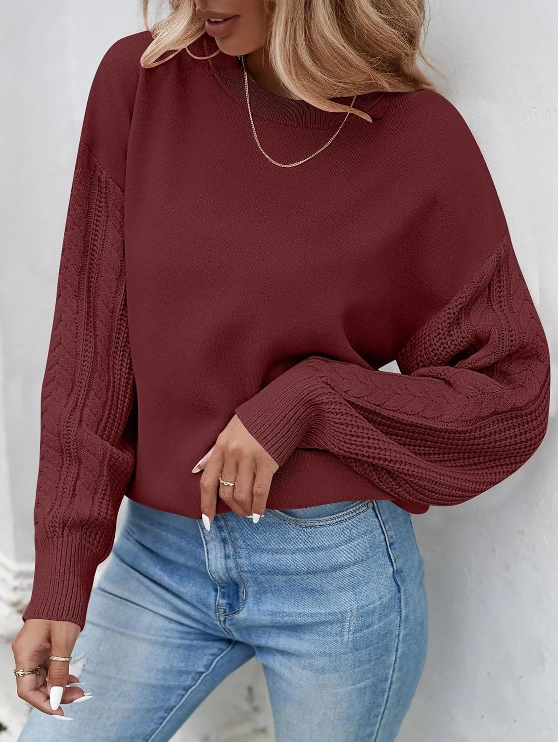 ZESICA Women's Fall Long Sleeve Crew Neck Solid Color Cable Knit Chunky Casual Oversized Pullover Sweater Tops