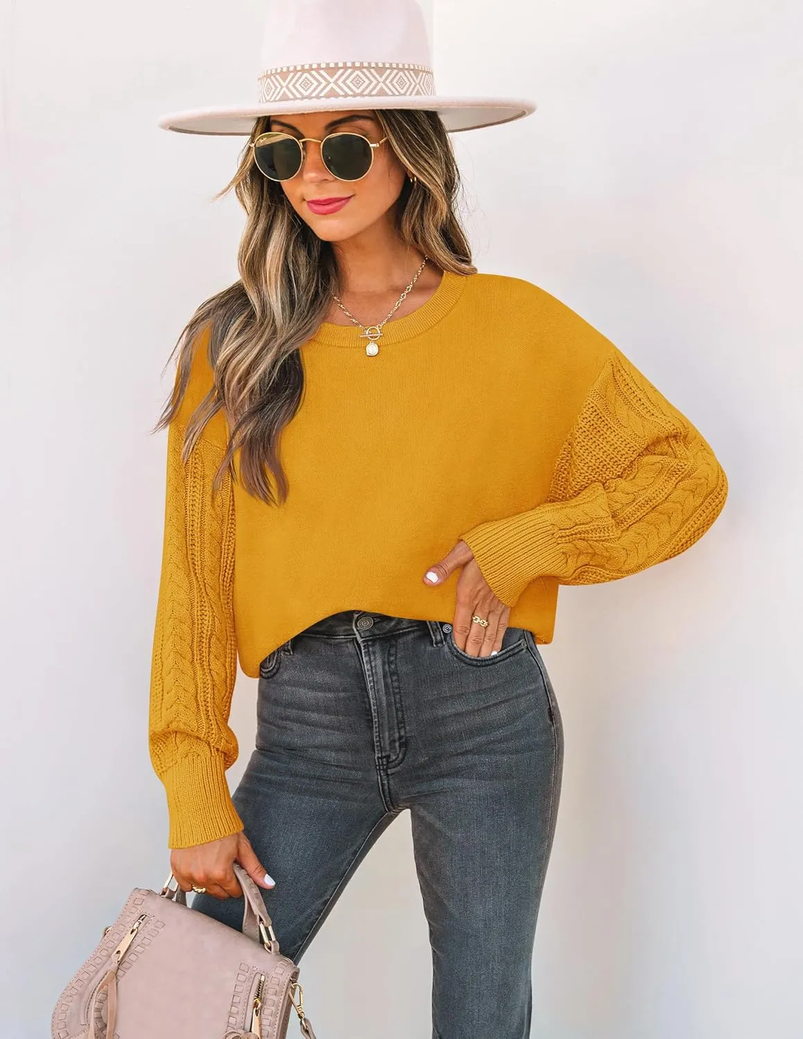 ZESICA Women's Fall Long Sleeve Crew Neck Solid Color Cable Knit Chunky Casual Oversized Pullover Sweater Tops