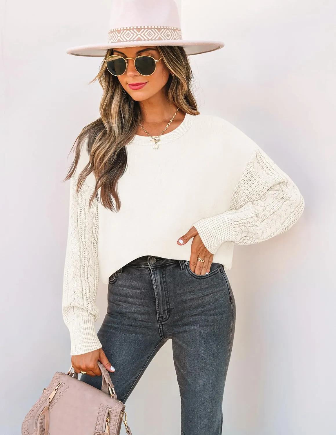 ZESICA Women's Fall Long Sleeve Crew Neck Solid Color Cable Knit Chunky Casual Oversized Pullover Sweater Tops