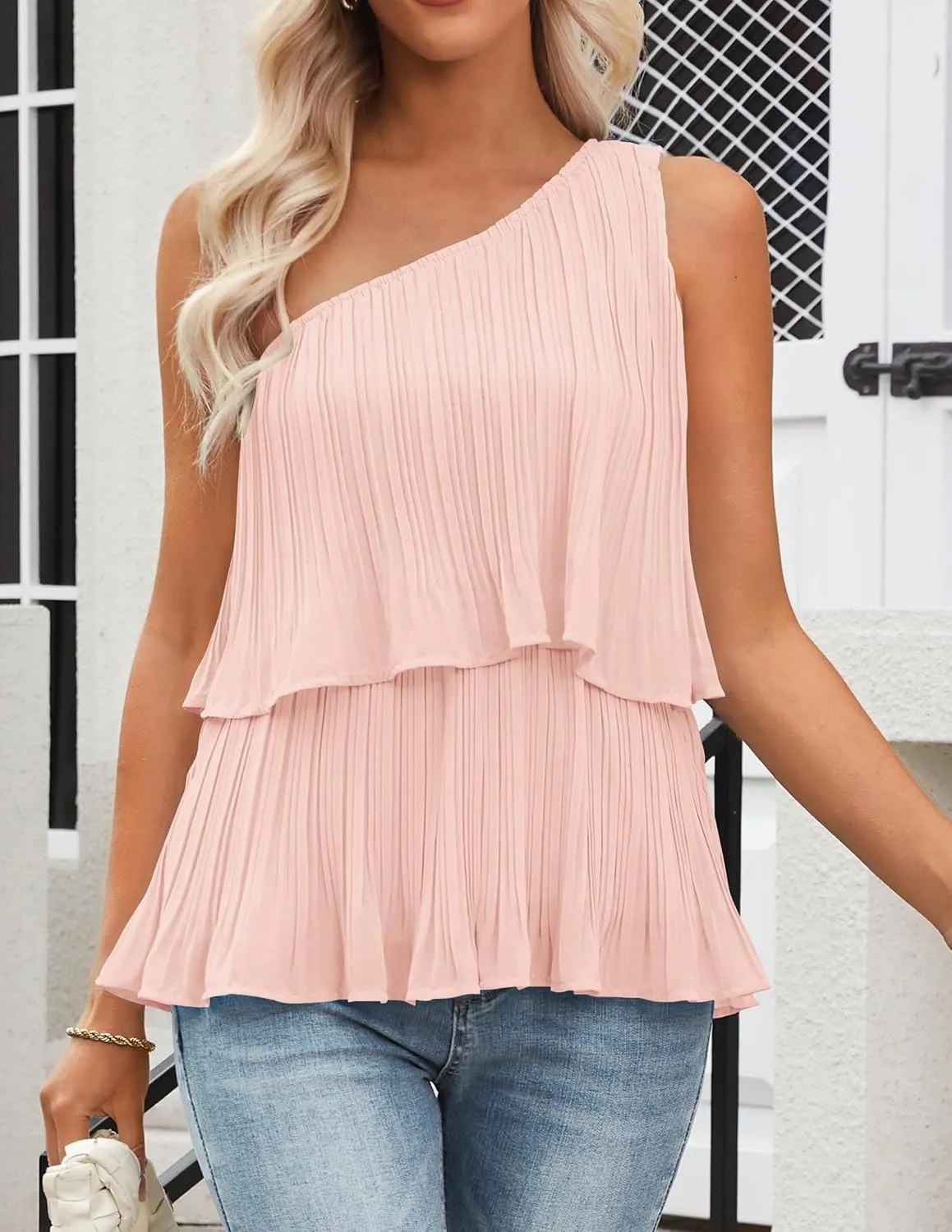 ZESICA Women's One Shoulder Tank Tops Summer Sleeveless Ruffle Tiered Layered Chiffon Flowy Blouses Shirts
