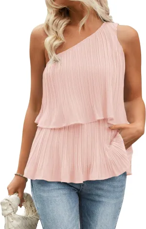 ZESICA Women's One Shoulder Tank Tops Summer Sleeveless Ruffle Tiered Layered Chiffon Flowy Blouses Shirts