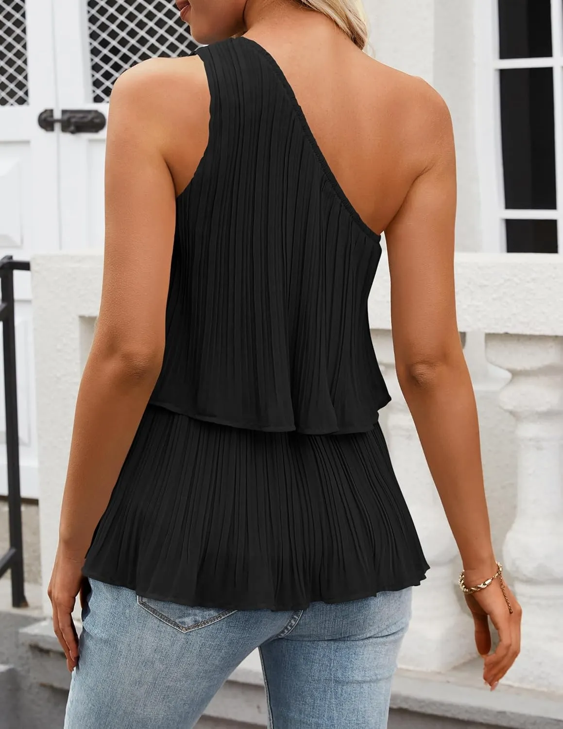 ZESICA Women's One Shoulder Tank Tops Summer Sleeveless Ruffle Tiered Layered Chiffon Flowy Blouses Shirts