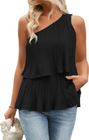 ZESICA Women's One Shoulder Tank Tops Summer Sleeveless Ruffle Tiered Layered Chiffon Flowy Blouses Shirts
