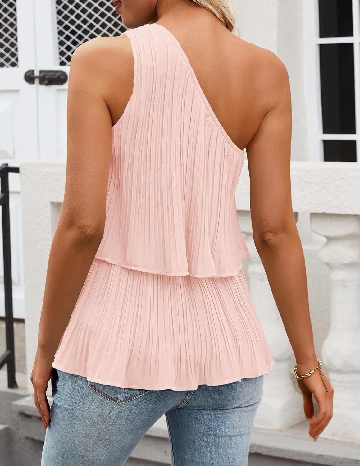 ZESICA Women's One Shoulder Tank Tops Summer Sleeveless Ruffle Tiered Layered Chiffon Flowy Blouses Shirts