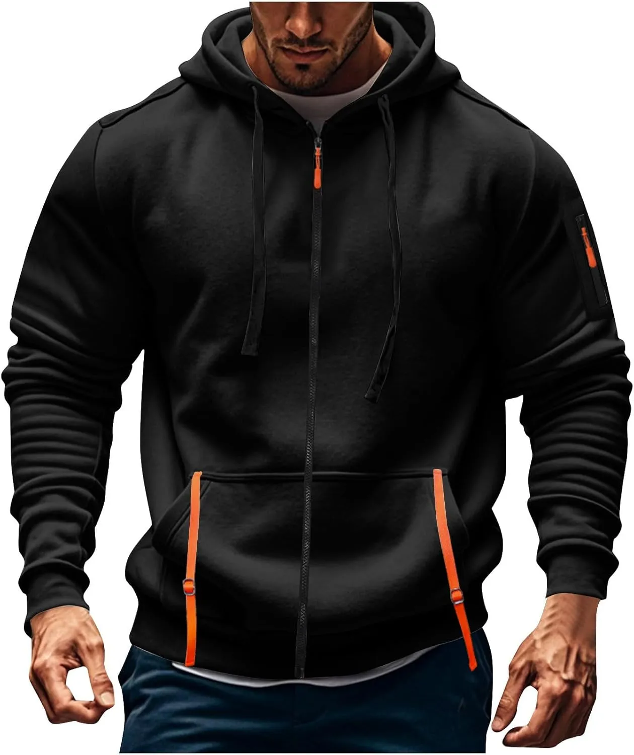 Zip Up Hoodie Men Lightweight Graphic Tactical Hoodies Classic Outdoor Hooded Vintage Drawstring Workout Hoodie