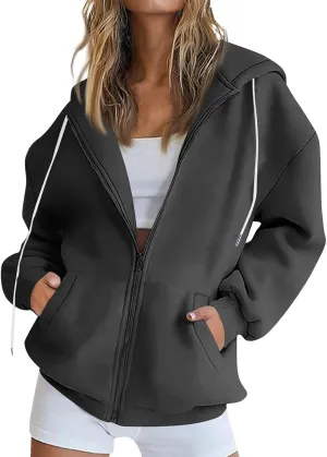 Zip Up Hoodie Women Oversized Fleece Jacket Drawstring Cute Hoodies Y2k Lightweight Fall Sweatshirts with Pockets