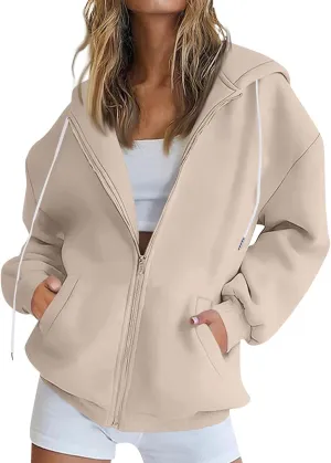 Zip Up Hoodie Women Oversized Fleece Jacket Drawstring Cute Hoodies Y2k Lightweight Fall Sweatshirts with Pockets