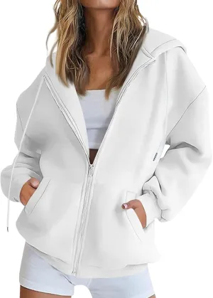 Zip Up Hoodie Women Oversized Fleece Jacket Drawstring Cute Hoodies Y2k Lightweight Fall Sweatshirts with Pockets