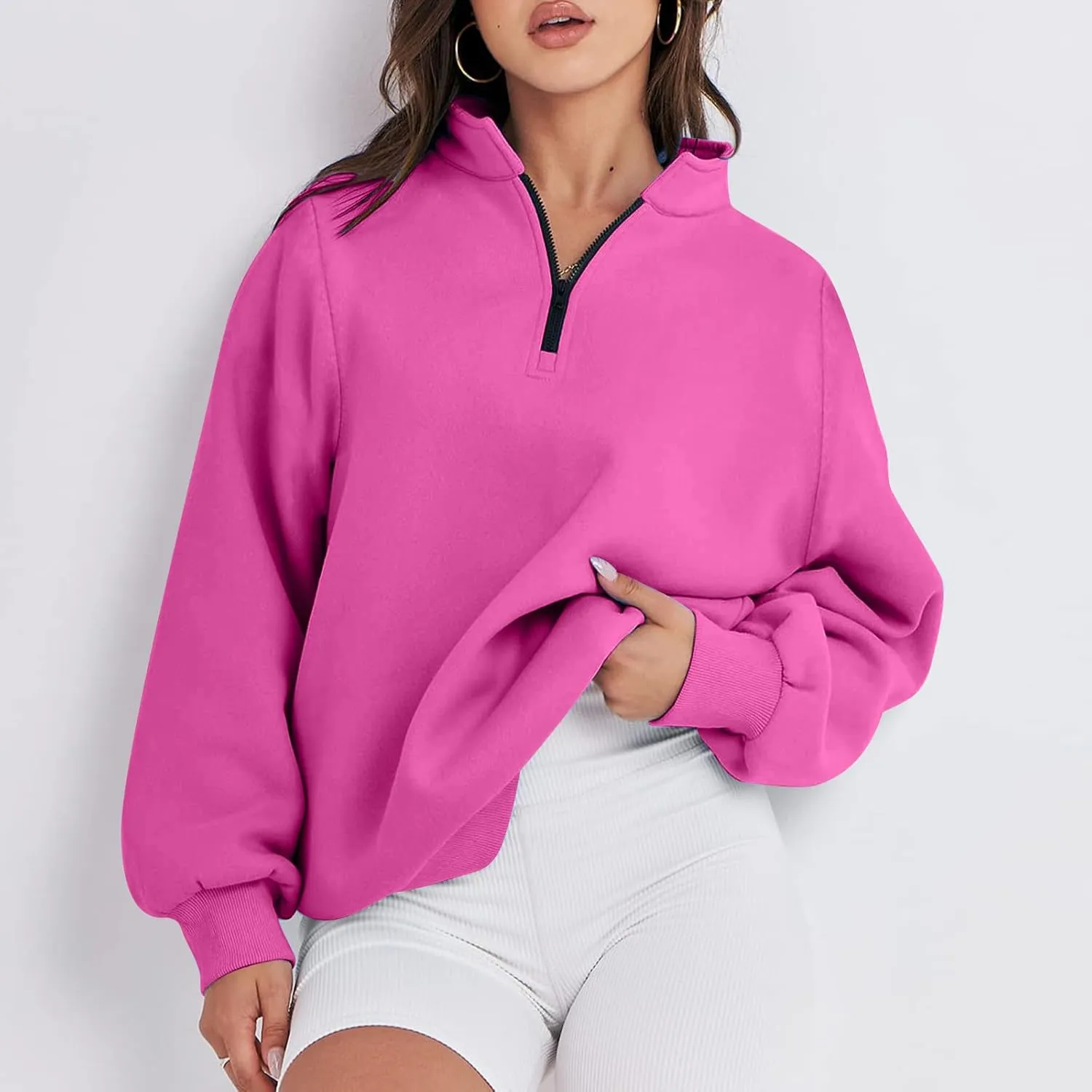 Zip Up Hoodies For Women Oversized Long Sleeve Crop Sweatshirt Quarter Zip Pullover Tops Fall Fashion Clothes 2023