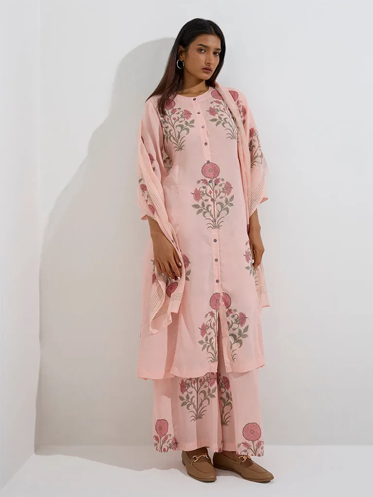 Zuba Peach Floral Butta Pattern Cotton-Blend Stole