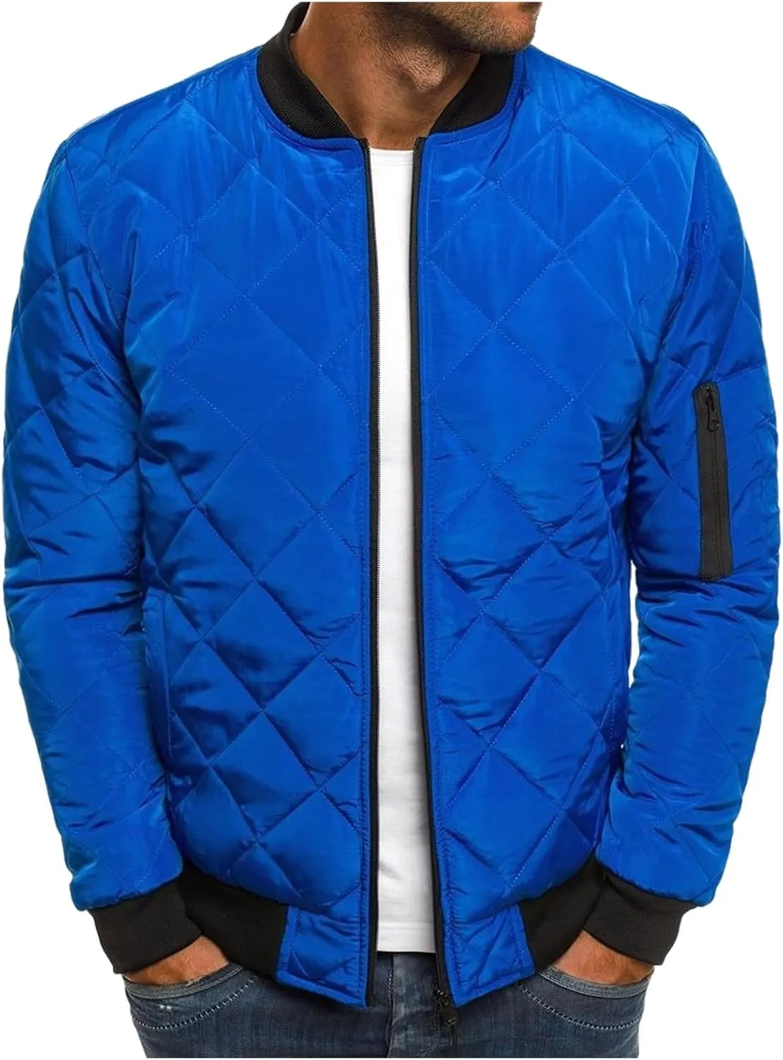 ZWRXW Bomber Jackets for Men Diamond Quilted Puffer Down Jacket Full Zip Lightweight Varsity Padded Coat Winter Warm Outwear
