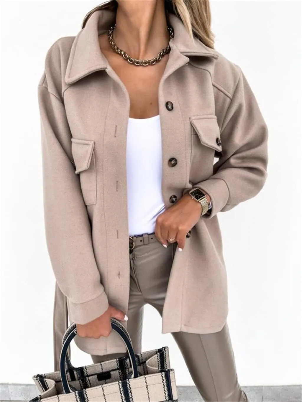 ZWRXW Womens Trench Coats Fashion Lapel Button Down Peacoat with Belted Casual Fall Winter Woolen Jackets Mid-Long Outwear