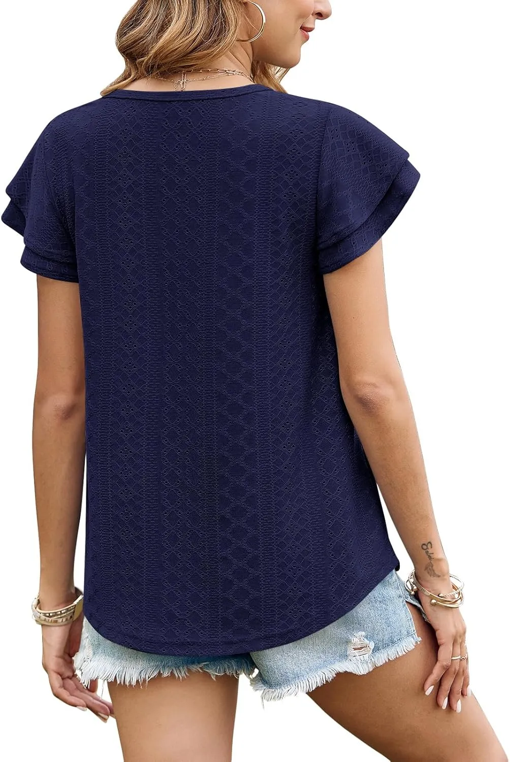 Zwurew Womens Summer Tops Crewneck Eyelet Ruffle Sleeve Blouses Casual Babydoll Shirts 2025 S-2XL