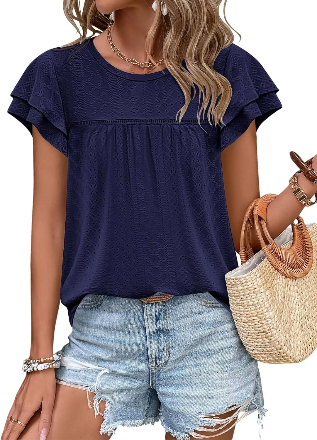 Zwurew Womens Summer Tops Crewneck Eyelet Ruffle Sleeve Blouses Casual Babydoll Shirts 2025 S-2XL