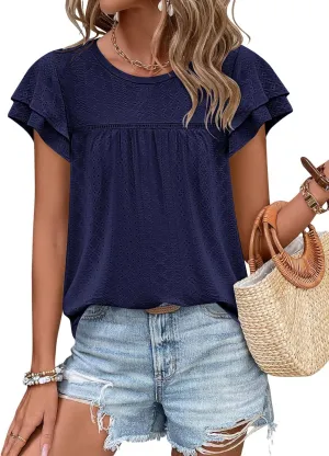 Zwurew Womens Summer Tops Crewneck Eyelet Ruffle Sleeve Blouses Casual Babydoll Shirts 2025 S-2XL