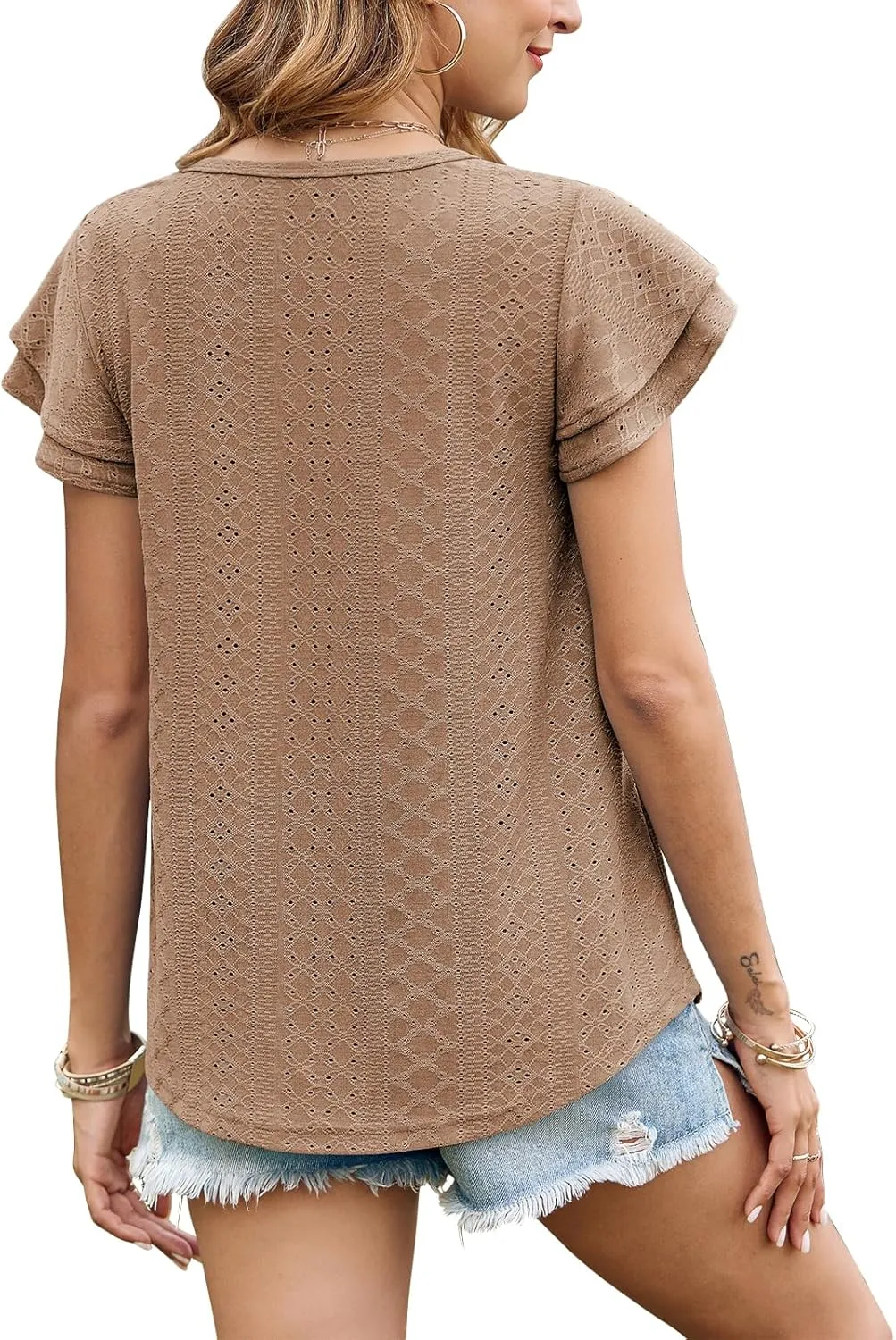 Zwurew Womens Summer Tops Crewneck Eyelet Ruffle Sleeve Blouses Casual Babydoll Shirts 2025 S-2XL