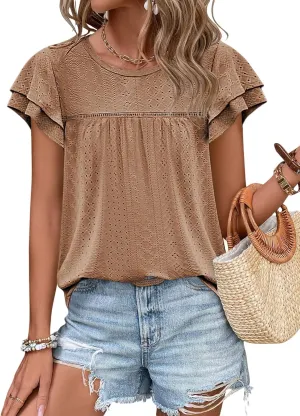 Zwurew Womens Summer Tops Crewneck Eyelet Ruffle Sleeve Blouses Casual Babydoll Shirts 2025 S-2XL